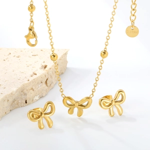 Parure de bijoux en acier inoxydable doré avec collier à nœud et boucles d'oreilles