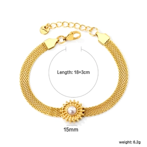 Detailansicht eines goldfarbenen Mesh-Armbands mit Maßangaben zu Länge, Gewicht und Perle