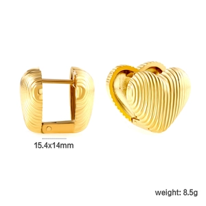 Detail showing 15.4x14mm gold heart huggie earrings with textured striped surface