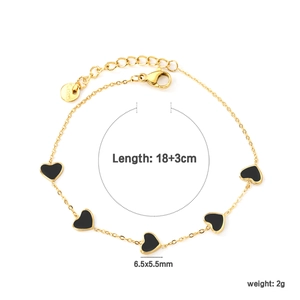 Bracciale a catena in oro e acciaio con cinque cuori in smalto nero, 18+3 cm