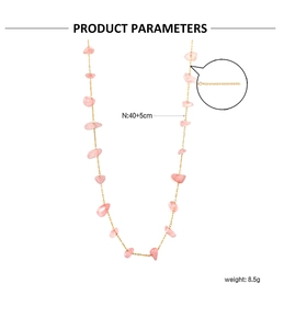 Detail of pink stone necklace with gold chain, 40+5cm length and 8.5g weight specs