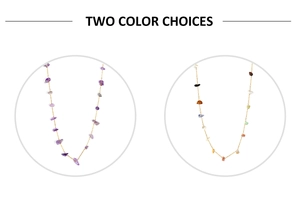 Detail of two stainless steel necklaces with purple and multicolored natural crushed stones