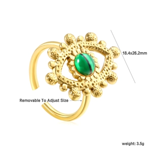 Retro stainless steel evil eye ring with green stone and adjustable open band design