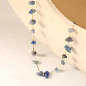 Bohemian style necklace with irregular blue natural stone beads and thin gold chain