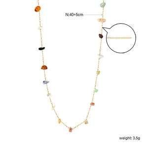 Colorful natural stone chip necklace with gold stainless steel chain, 40cm+5cm length