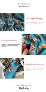Vue détaillée de l'impression numérique et de la couture sur le foulard en soie bleu