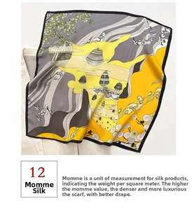 Detail of 12 Momme mulberry silk scarf with yellow grey modern landscape art print