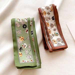 Floral print narrow twilly scarves in green and caramel for bag hair and neck styling