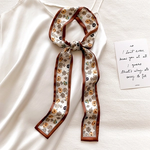 Retro Floral Print Skinny Scarf Faux Satin Twilly Handbag Ribbon Hair Band For Women Fashion Decorative Neck Tie