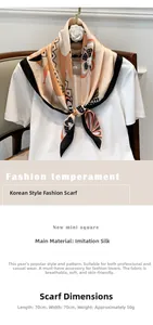 Detailed view of geometric floral print silk-like satin neck scarf in warm tones