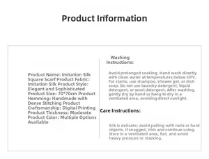 Detailed size information and silk-like scarf care instructions for the 70x70cm square scarf