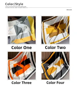 Four different geometric patterns on silk-like square scarves displayed in a grid