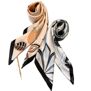 Elegant satin floral square scarves in beige and monochrome tones with silk-like finish