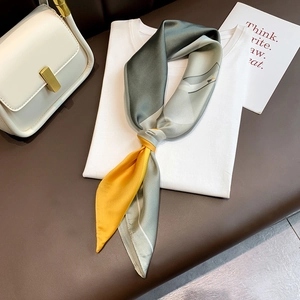 Square silk-like satin neck scarf in elegant grey-green and mustard yellow color block