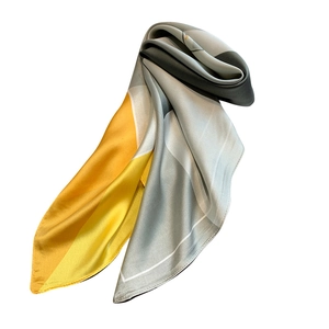 Fashionable geometric square silk scarf with yellow and grey color blocking design