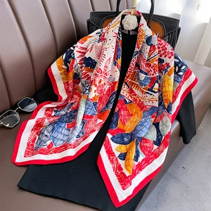 Large Square Scarf Women Botanical Floral Print Faux Satin Satin Feel Retro Ethnic Style Summer Beach Hair Neck Wrap Accessory
