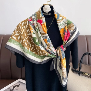 Retro floral print silk scarf with artistic tree patterns for spring and summer beach styling