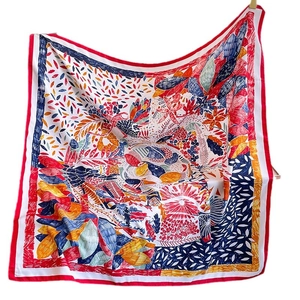 Floral print square silk scarf with red border and vintage ethnic abstract patterns