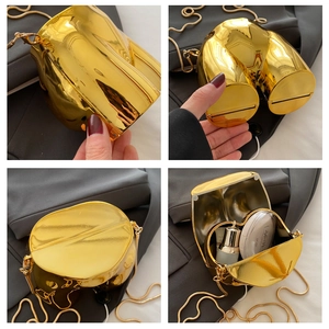 Detail view of gold mirror finish body-shaped chain bag from four different angles