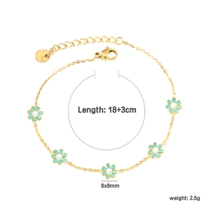 Golden stainless steel chain bracelet with five blue daisy flower charms and lobster clasp