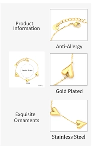 Detail view of gold-plated stainless steel heart bracelet with dimensions and clasp