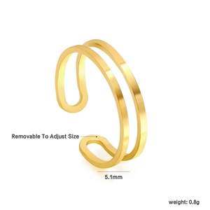 Bague ouverte ajustable en acier inoxydable doré 18K avec design à double ligne