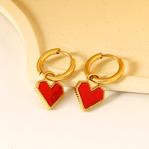 Sweet red heart charm earrings with golden beaded edges in polished stainless steel