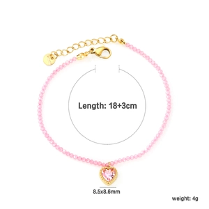 Bracciale di perline rosa con ciondolo a cuore e catena in acciaio dorato 18+3cm