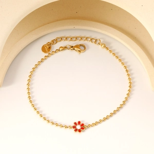 Golden stainless steel bead chain bracelet featuring a sweet red and white flower charm