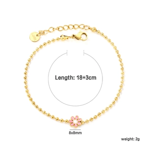 Gold beaded chain bracelet with pink enamel flower pendant and adjustable lobster clasp