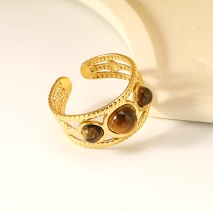 Vintage Tiger Eye Stone Open Ring Gold Plated Stainless Steel Braided Spiral Texture Adjustable Bohemian Jewelry Women
