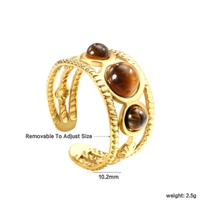 Vintage gold adjustable open ring with three brown tiger eye stones and twisted texture