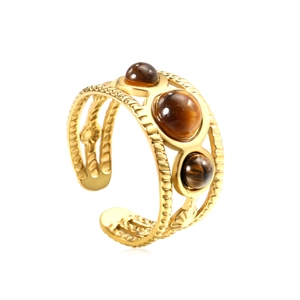 Adjustable gold tiger eye ring featuring three stones and a woven textured band