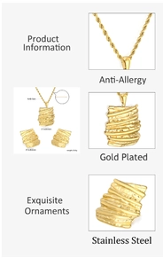 Detail view of gold-plated bark texture necklace and earrings with size measurements