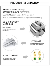 Infographie montrant boucles d'oreilles en acier doré avec zircon carré vert émeraude