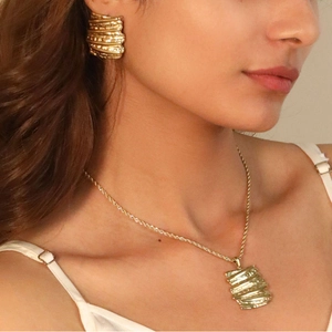 Stainless Steel Gold Plated Bark Texture Rectangle Necklace And Earrings Jewelry For Women Waterproof Minimalist