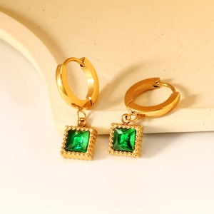Boucles D'oreilles Créoles Vintage Acier Inoxydable Plaqué Or Pendentif Pierre Précieuse Carrée Verte Zircon Émeraude Bijoux Rétro Pour Femmes