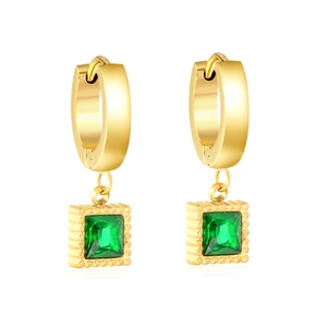 Boucles d'oreilles créoles dorées avec pendentifs carrés en zircon émeraude