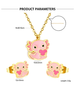 Detail view of pink axolotl necklace and earrings set with gold-plated finish
