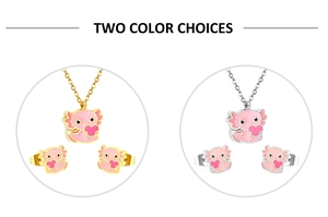 Detailed comparison of pink axolotl jewelry sets in gold and silver finish options