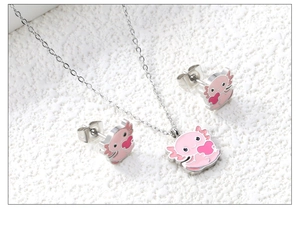 Detail of pink axolotl jewelry set with heart necklace and matching stud earrings