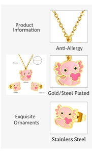 Detailed size specifications for pink axolotl stainless steel necklace and earrings set