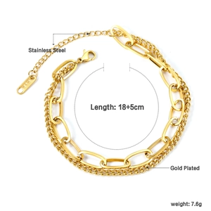 Double layered 18K gold plated stainless steel bracelet with oval and curb link design