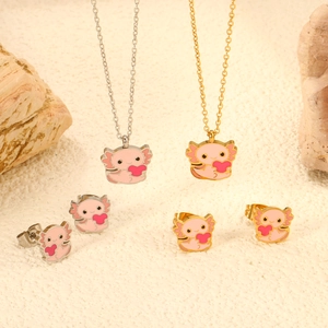 Cute Pink Axolotl Heart Stainless Steel Jewelry Set For Women Girls Enamel Little Monster Pendant Necklace Stud Earrings Gift
