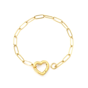 Minimalist 18K gold paperclip chain bracelet featuring a heart-shaped carabiner clasp