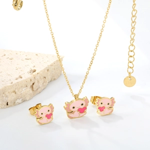 Cute pink salamander jewelry set with heart necklace and stud earrings in gold finish