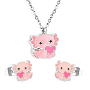 Cute pink axolotl jewelry set with necklace and stud earrings in polished silver finish
