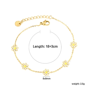 Detail of 18K gold plated stainless steel daisy bracelet with 18+3cm measurement info
