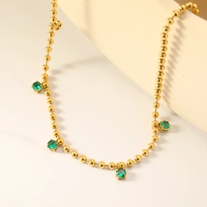 Emerald Green Zircon Pendant Necklace 18K Gold Plated Stainless Steel Round Bead Chain Vintage Jewelry For Women