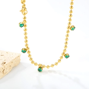 18K gold plated stainless steel bead necklace with five emerald green zircon pendants